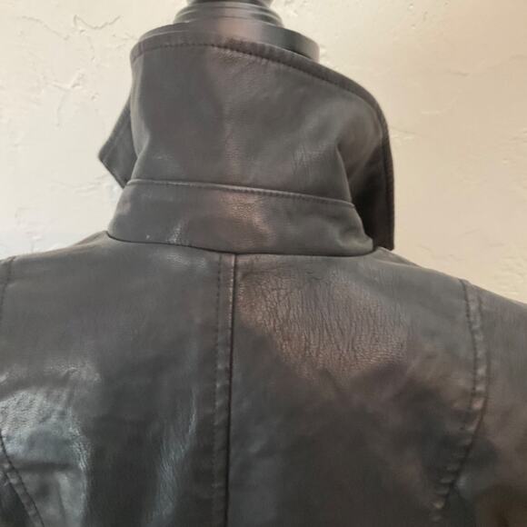 Vintage 90s Black vegan leather jacket Moto zip silver hardware bomber Y2K Small - Picture 2 of 11